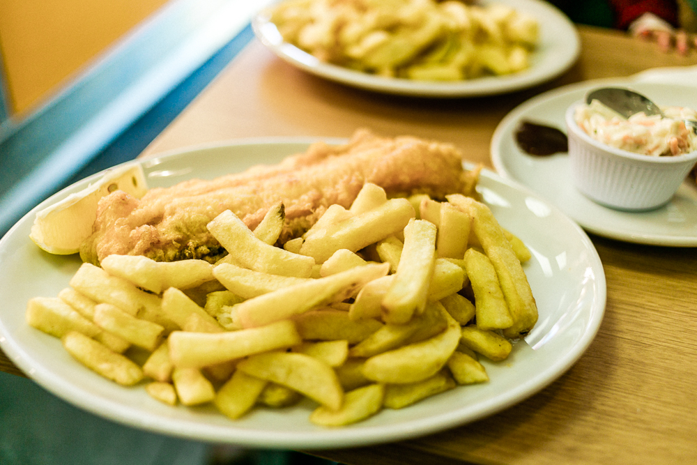 London mit Kleinkind Laughing Halibut Fish und Chips